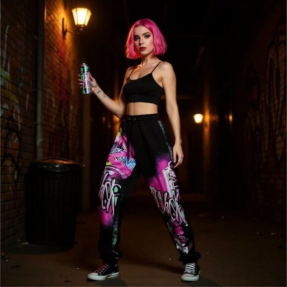 Batman Graffiti Sweatpants – by DC Black Pink Blue Graphic Streetwear Joggers M - Picture 4 of 6